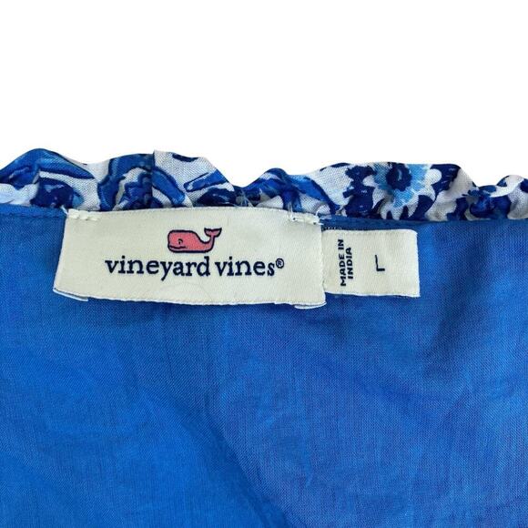 Vineyard Vines Sz L Katama Tile Blue Scarf Pintuck Top Blouse Coastal Boho - Picture 9 of 16